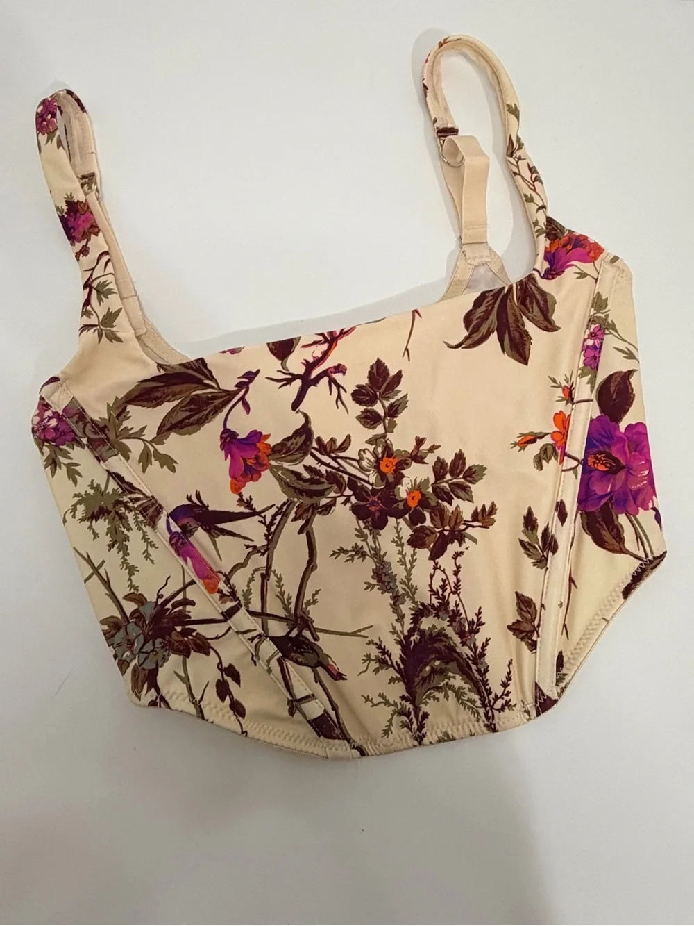 Floral Square Boned Crop in Cream and Purple